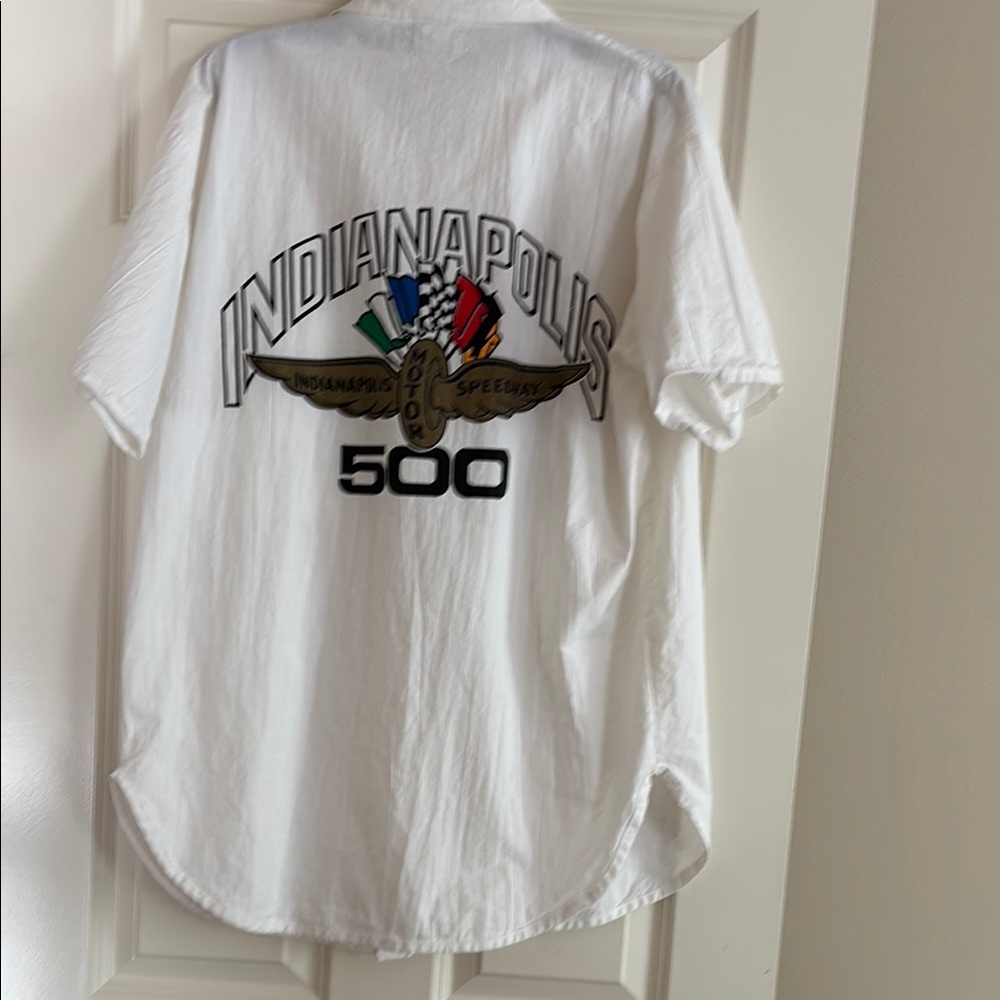🎁 Indianapolis 500 White Men's button down Shirt Logo 7 brand 100% cotton 🎅🏼🏁🏎️